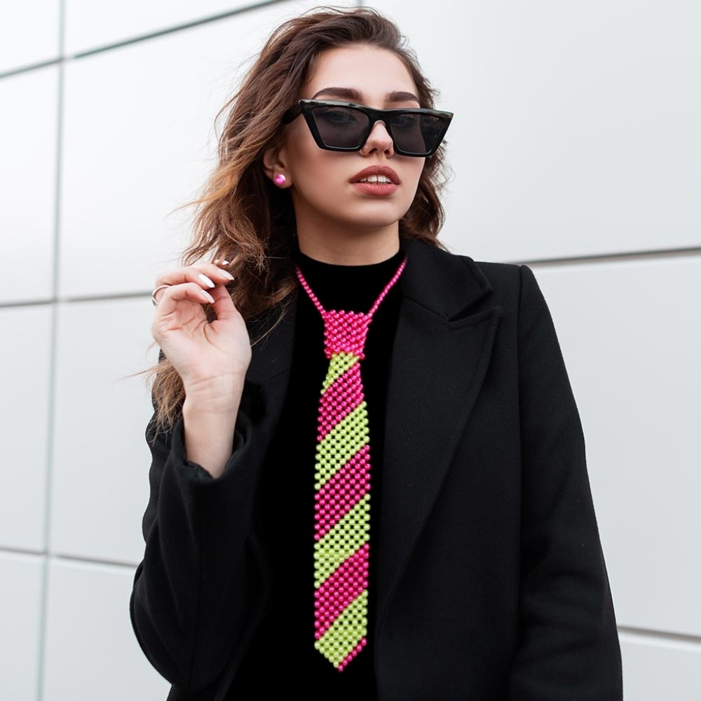 Pink and Green Pearl Tie Necklace Chain Set Fun Cute Fashion Statement